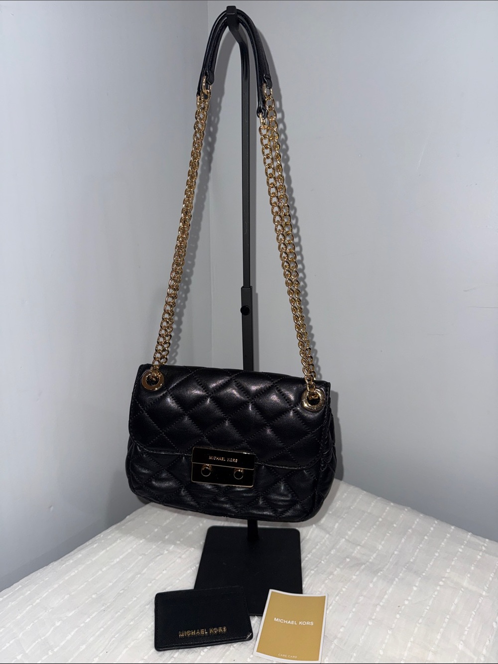 Michael Kors Black Quilted Leather Shoulder Bag with Gold Chain